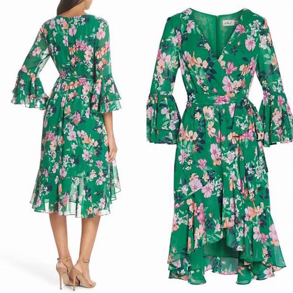 Eliza J Ruffle Sleeve Floral Faux Wrap 